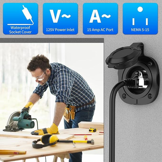 15 Amp AC Port Plug, 125V Power Inlet Socket with Waterproof Cover & Integrated 18" Extension Cord, 2 Pole 3-Wire NEMA 5-15 Flanged Generator Inlet Plug for RV Boat Electrical Connections