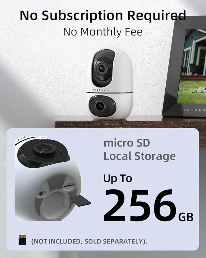 virtavo XD1 Indoor Security WiFi Camera, No Subscription Required, Dual-Lens 360° PTZ Baby Monitor & Pet Cam, Motion Tracking, 2-Way Audio, Night Vision, Cloud/SD Storage, Plug-in Power 2PACK