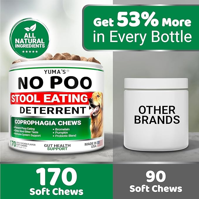 No Poo Chews for Dogs - 170 Count - Coprophagia No Poop Eating Deterrent for Dogs - Stop Eating Poop for Canine - Gut Health - Probiotics & Digestive Enzymes Supplement - Made in USA