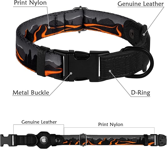 AirTag Dog Collar with Metal Buckle - Printed Nylon Soft Leather Dog Collar with Apple AirTag Holder - Secure Tracking GPS Pet Collars for Girl Boy Small Large Dogs (S, 12"-15" Neck Fit, Hawaii)