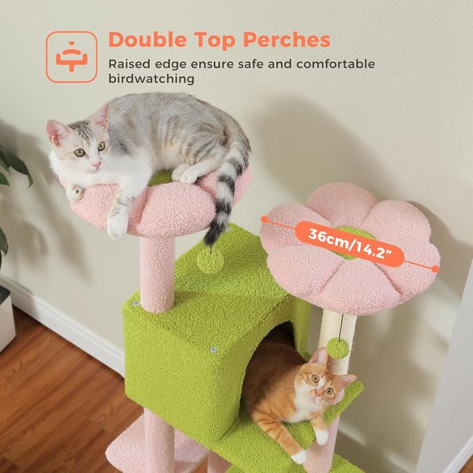 Flower Cat Tree, 52.4 Inch Multi-Level Cat Tower for Indoor Cats with Dual Top Perches, 2 Condos & Scratching Posts, Plush Cat Furniture for Kittens and Medium Cats, Pink