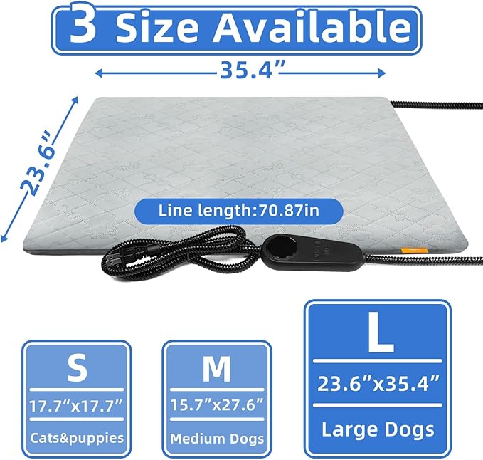 Pet Heating Pad for Cats Dogs Electric Heated Bed Waterproof Warming Mat Indoor Outdoor Chew Resistant Cord Adjustable 5 Timer and 6 Level Temperature for Pets Puppy Animals-Small-35.4x23.6in