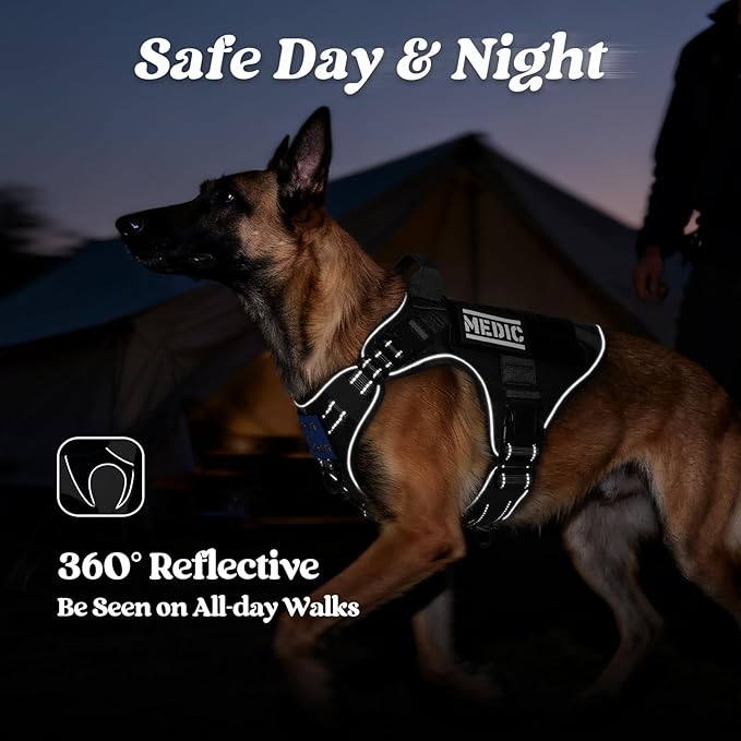rabbitgoo Tactical Dog Harness Medium Sized, No Pull Upgraded Reflective Heavy Duty Molle Vest with Handle, Adjustable Military Service Dog Vest for Walking Hiking Training, Black, M