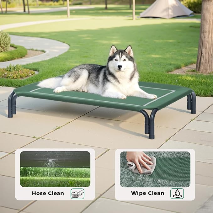 Elevated Dog Bed Raised Outdoor Dog Cot for Extra Large Dogs, Installation Requires No Tools, Frame with Washable Cooling Breathable Mesh Anti-Slip Feet, Indoor Pet Bed, Green, 48.8 Inches