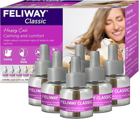 FELIWAY® Classic 6 x 30 Day Cat Calming Refills for Pheromone Diffuser, 6 x 48ml Value Pack - Helps Reduce Common Signs of Stress in Cats & Kittens, Enhanced Calming