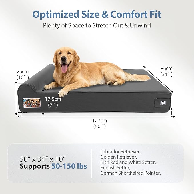 Sytopia XXL 50" Orthopedic Dog Bed – Outdoor 7" Thick Memory Foam Mattress with Pillow, Light Grey, Removable Washable Waterproof Liner – Ultimate Comfort for Extra Large Breed Dogs Over 100 Pounds