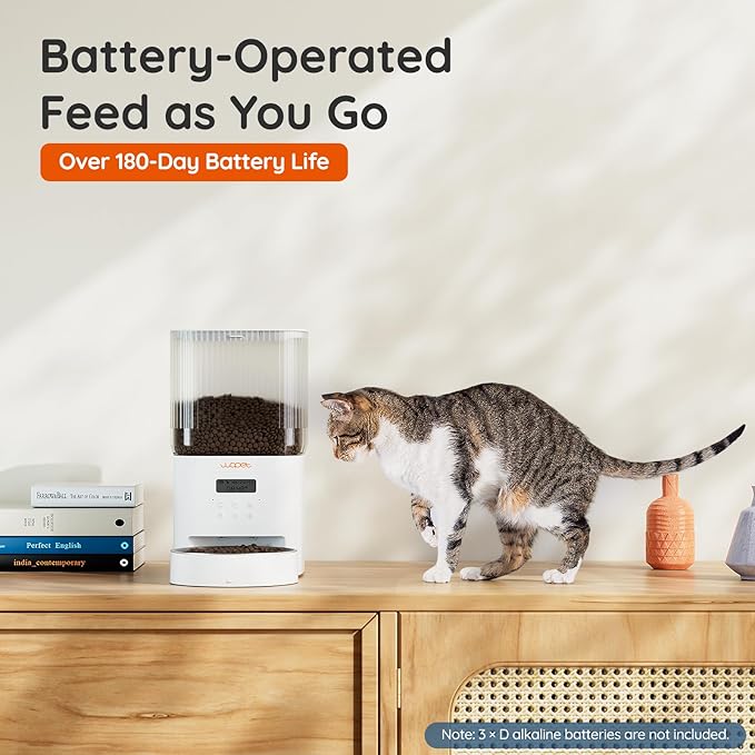 WOPET Automatic Cat Feeder, 4L Automatic Dog Feeder with 180-Day Battery Life, Programmable Cat Food Dispenser with Stainless Steel Bowl，1-6 Meals Per Day (White-01, Regular)