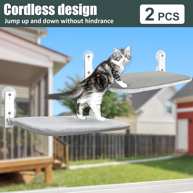 Sunhoo 2PCS Cat Window Hammock Perch Cordless Window Sill Seat Bed Foldable Kitty Lounger Indoor Cats Shelf Stable Upgraded Suction Cup Easy Assembly 20.5 * 11.8in Hold Up to 55lbs (Light Gray, M)