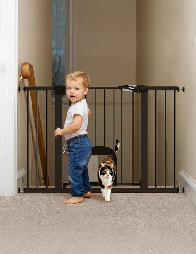 Babelio Upgraded Baby Gate with Cat Door, Auto Close Durable Dog Gate for Stairs, Doorways and House, Easy Walk Thru Safety Gate with Pet Door Includes 4 Wall Cups, 29-48" Wide, 30" Tall, Black