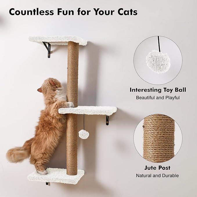 5-in-1 Cat Wall Shelves, Multi-Level Cat Climbing Furniture, Perch & Lounge for Indoor Cats, Space-Saving Wall Mounted Shelves for Play & Rest (Natural Wood) - White