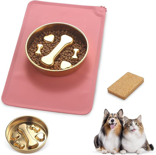 Golden Stainless Steel Slow Feeder Dog Bowls – Non-Slip Metal Dog Bowl for Large & Medium Breeds, Puppy Puzzle Feeder – 2 Cup for Small to Big Pets – Durable Slow Feed Dog & Cat Food Dish with Mat