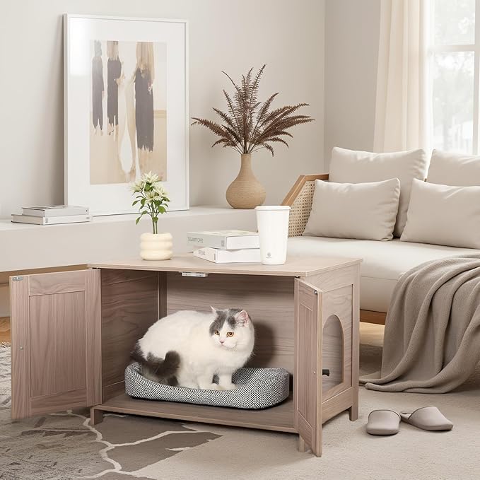 Amazon Basics Cat Litter Box Enclosure Furniture, Wooden Pet House and Hidden Litter Box for Indoor Cats, 27.6" × 19.7" ×19.7", Beige