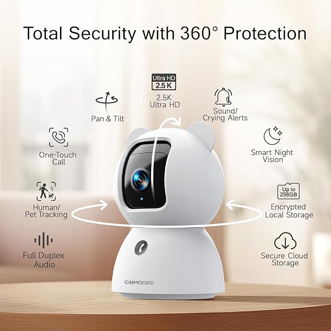 Security Camera Indoor, 2.5K Pet/Dog Camera with Speaker/Phone App, PTZ WiFi Baby Monitor Cameras for Home Security, 0-Glow Night Vision 2-Way Talk, AI Tracking Facial Recognition Time Lapse