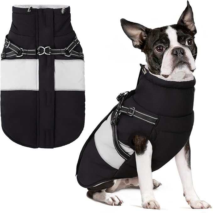 SUNFURA Dog Winter Coat, Waterproof Dog Coat Jacket with Harness for Medium Dogs Boys Girls, Reflective Fleece Lined Pet Snow Jacket Sweaters for Pug, Jack Russel, Boston Terrier, Black M