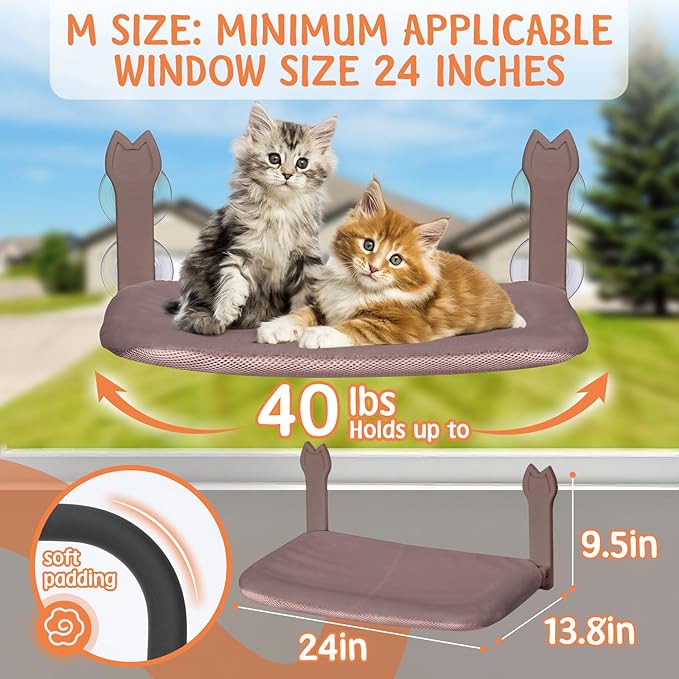 2 Pack Cat Window Perch,Cat Window Hammock Cordless Foldable Window Bed with 4 Large Strong Suction Cup,Reversible Cushion Cover,Metal Frame Easy to Adjust Window Seat Holds up to 40lbs(Brown，M)