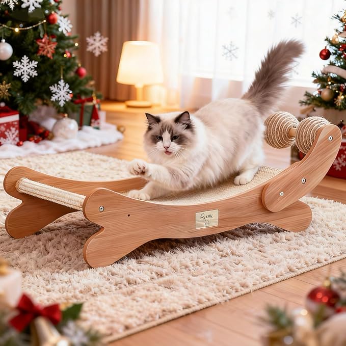 Sisal Cat Scratcher Bed with 3 Toy Balls for Indoor Cats, Durable Wooden 3-in-1 Hammock Lounge & Scratch Pad - Modern Furniture for Large Cats, Scratching Post Lounger