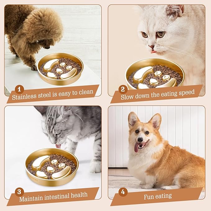 Golden Stainless Steel Slow Feeder Dog Bowls – Non-Slip Metal Dog Bowl for Large & Medium Breeds, Puppy Puzzle Feeder – 2 Cup Capacity for Small to Big Pets – Durable Slow Feed Dog & Cat Food Dish