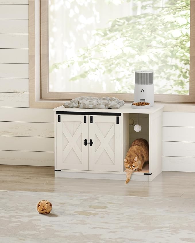 Cat Litter Box Enclosure, Hidden Litter Box Cabinet Furniture with Bell, Indoor Cats House, Farmhouse Style, 31.5 x 19.7 x 20.9Inches, for Hallway, Bedroom, White CB82414B