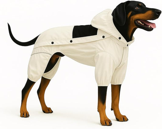 LOVELONGLONG Waterproof Dog Raincoat with Removable Hood – Outdoor Full Body Dog Jacket, Windproof Snowproof Shell Suit – All Season Pet Rain Gear Ivory S