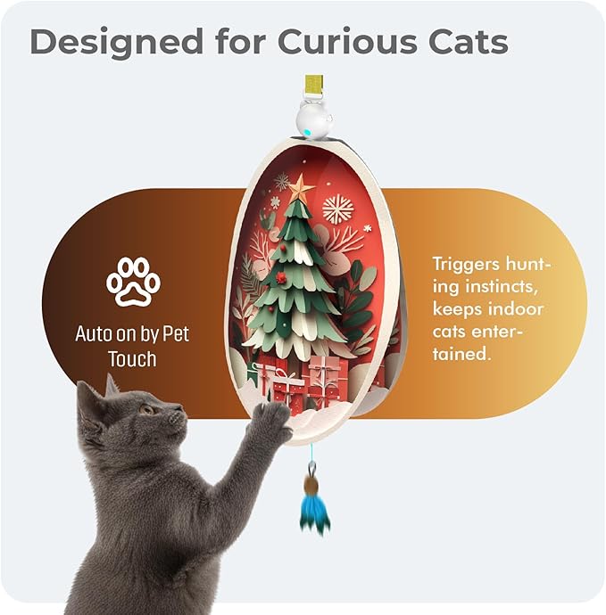 Interactive Cat Toys for Indoor Cats, Automatic Concealed Hide and Seek Hanging Feather Cat Toy, Rechargeable Motion-Activated Enrichment Toys for Bored Adult Cats (Christmas Tree Pattern）