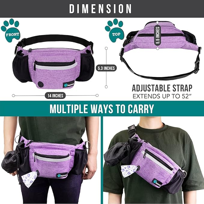 PetAmi Dog Fanny Pack, Treat Pouch for Dog Walking, Training, Built in Poop Bag Dispenser, Water Bottle Holder, Collapsible Bowl, Pet Treat Waist Belt for Hiking, Running, Kibbles (Purple)