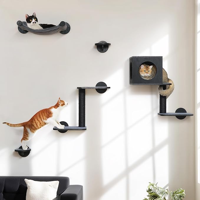 FUKUMARU Cat Wall Shelves, 5-Piece Stable Wooden Wall-Mounted Furniture Set, Kitty Climber with Hammock, House, Steps, Scratching Post (Black)
