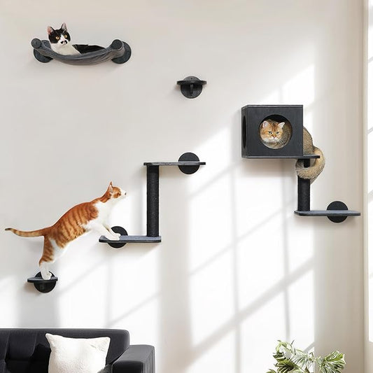 FUKUMARU Cat Wall Shelves, 5-Piece Stable Wooden Wall-Mounted Furniture Set, Kitty Climber with Hammock, House, Steps, Scratching Post (Black)