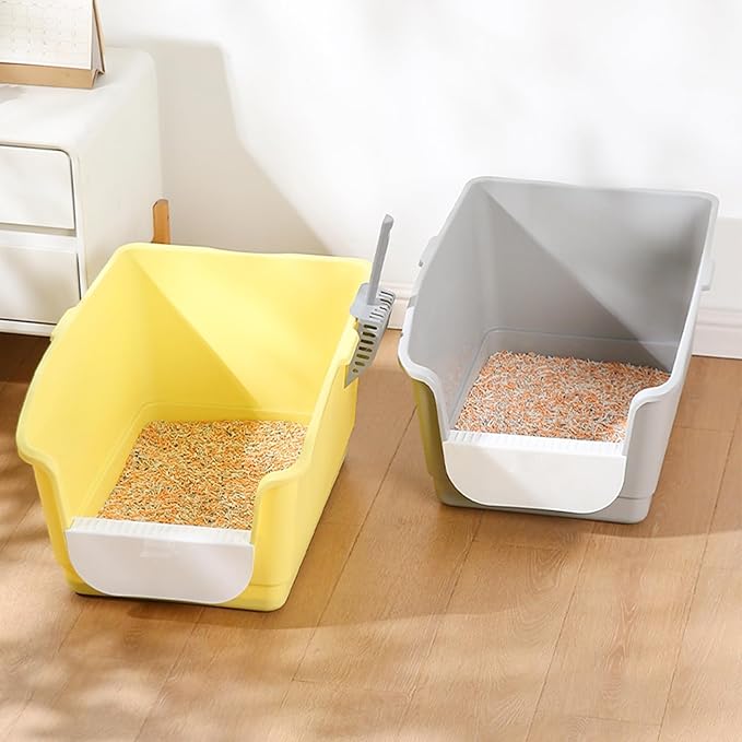 SpaceTime Large Cat Litter Box with High Sides,Cat Litter Pan with Low Entry & Storage Space,Cats Boxes for Kittens & Senior Cats Indoor,Anti-Splashing,Waterproof,Easy to Clean (Light Grey)