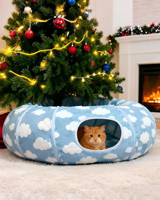 Grelife Cat Tunnel Bed for Indoor Cats, Cat Tunnel Christmas Tree Skirt with Washable Soft Plush, Cat Donut Tunnel Toys with Non-Slip Base, Perfect for Cats, Kittens, Small Pets(33.53")