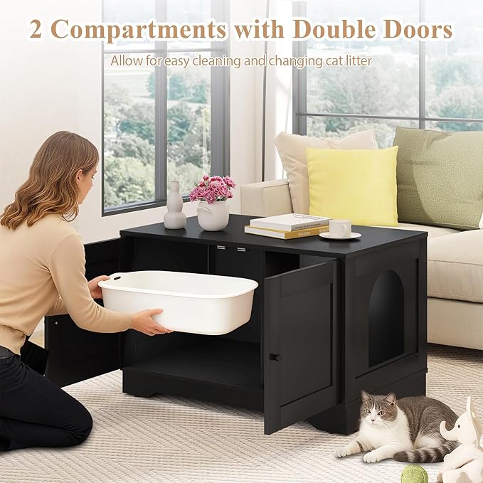 Tangkula Cat Litter Box Enclosure, Wooden Kitty Washroom Cabinet w/Winding Entry & Cat Hole, with Divider, Hidden Double Enclosed Litter Box Furniture for Living Room, Bedroom, Entryway (Black)