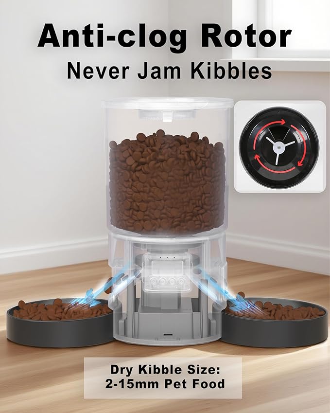 Automatic Dual Cats Feeder 2 Cats,Dual Power,Flexible Schedule Timer,6 Meals 12 Portions Per Day (Clear Black, ABS Double Bowls)