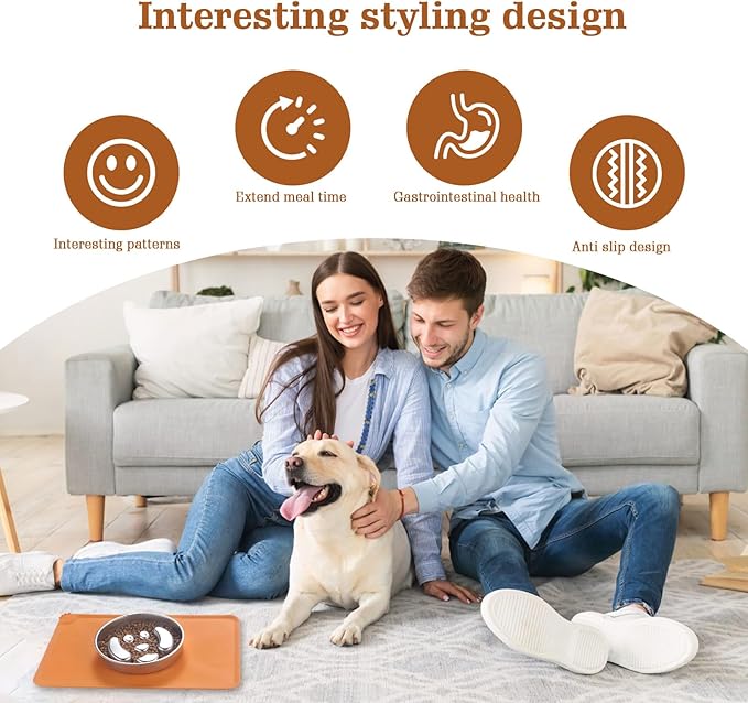 Stainless Steel Slow Feeder Dog Bowls – Non-Slip Metal Dog Bowl for Large & Medium Breeds, Puppy Puzzle Feeder – 2 Cup Capacity for Small to Big Pets – Durable Slow Feed Dog & Cat Food Dish with Mat