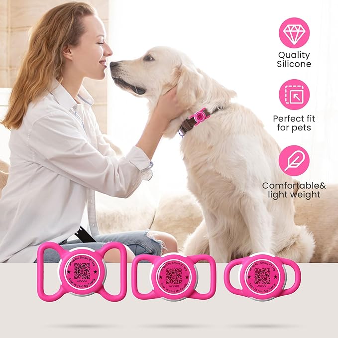 2 Pack Waterproof AirTag Dog Collar Holder for Apple Tracker QR Code Case Rose Red&Blue