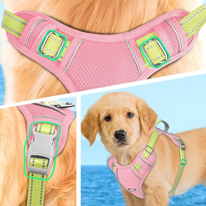 BARKBAY No Pull Dog Harness Large Reflective Dog Harness with Front Clip and Easy Control Handle for Walking Training Running with ID tag Pocket(Baby Pink & Sunlight,XS)