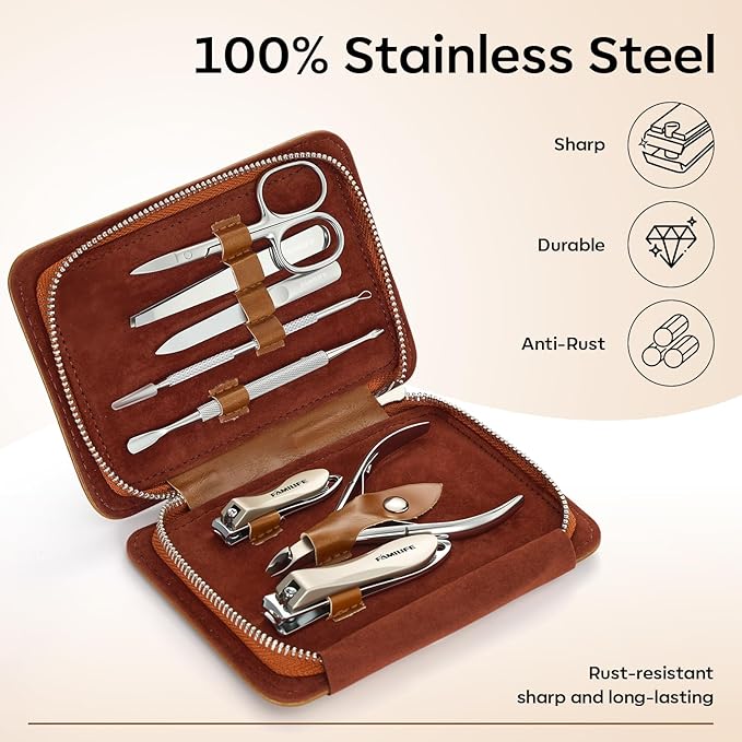 FAMILIFE Manicure Set, Nail Clippers Pedicure Tool, 8 pcs Stainless Steel Manicure Kit Professional Grooming Tool, Nail Kit with Portable Brown Leather Travel Case Luxury Gifts for Men