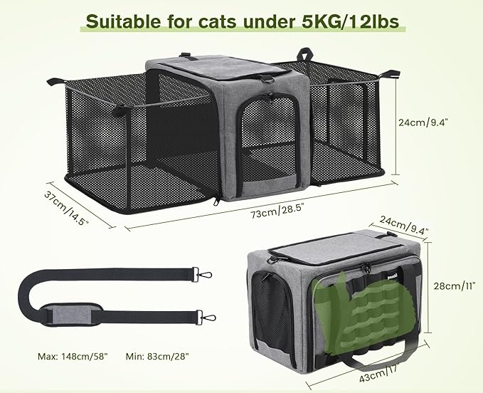 Pecute Cat Carrier Expandable, Airline Approved Cat Soft-Sided Carriers, Breathable Pet Carriers up to 5kg/12lbs, Collapsible Cat Bag Carrier Great for Travel, Outdoor, Hiking, Camping, Gray