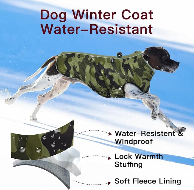 Dog Winter Jacket - XX Large, Warm Zip Up Snowsuit Dog Harness Vest, Reflective, Water-Resistant, Camouflage