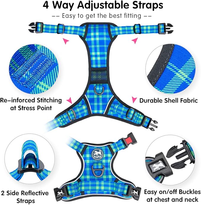 PoyPet No Pull Dog Harness, Reflective Adjustable No Choke Pet Vest with Front & Back 2 Leash Attachments, Soft Control Training Handle for Small Medium Large Dogs(Checkered Blue & Green,M)