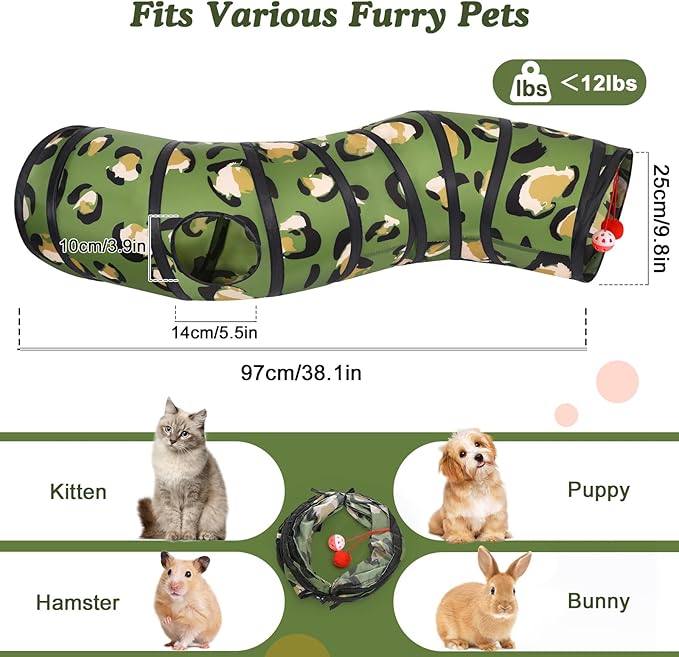 Pawaboo Cat Tunnel, S-Shaped Cat Tube Tunnel 25 * 97cm(9.8''*38.2'') with Balls and Bells, Collapsible Portable Kitten Play Tent Toy Interactive Cats House with Peep Holes for Kitty, Leopard Print