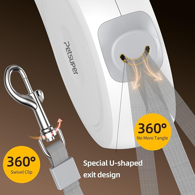 16Ft Retractable Dog Leash for Small, Medium & Large Dogs with One-Hand Brake Lock, Ergonomic Comfort Grip Handle, 360° Tangle-Free Swivel and Strong Nylon Tape (White)