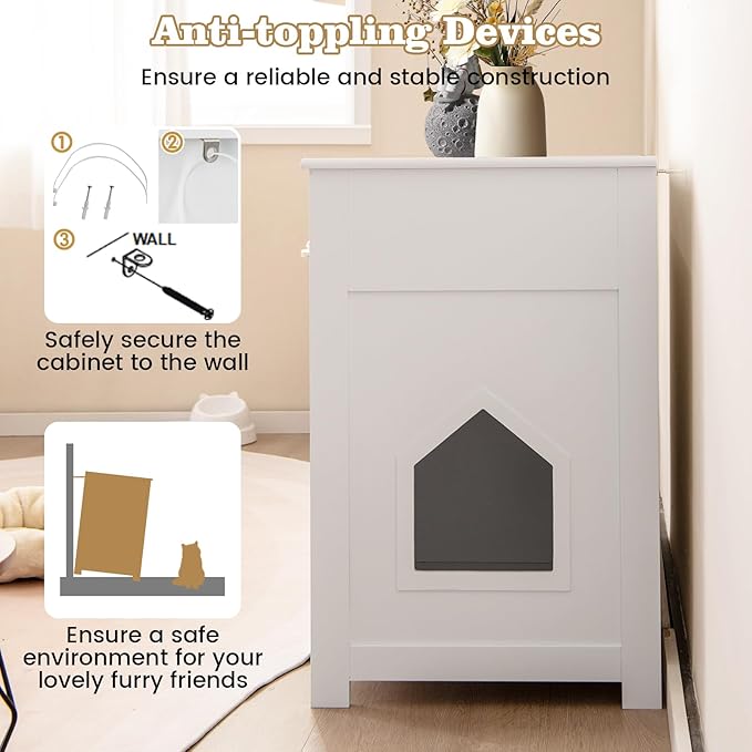 Tangkula Litter Box Enclosure, 31.5 Inch Enclosed Cat Box Cabinet with 2 Storage Drawers, Double Doors & 2 Open Shelves, Hidden Cat Washroom, Modern Cat Litter Box Furniture for Indoor Cats