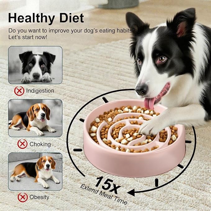Ceramic Slow Feeder Dog Bowls with Anti-Slip, Slow Feeder & Non-Slip Design, Boredom and Anxiety Reducer, Suitable for All Breed Dogs and Cat (Ceramic-Pink)