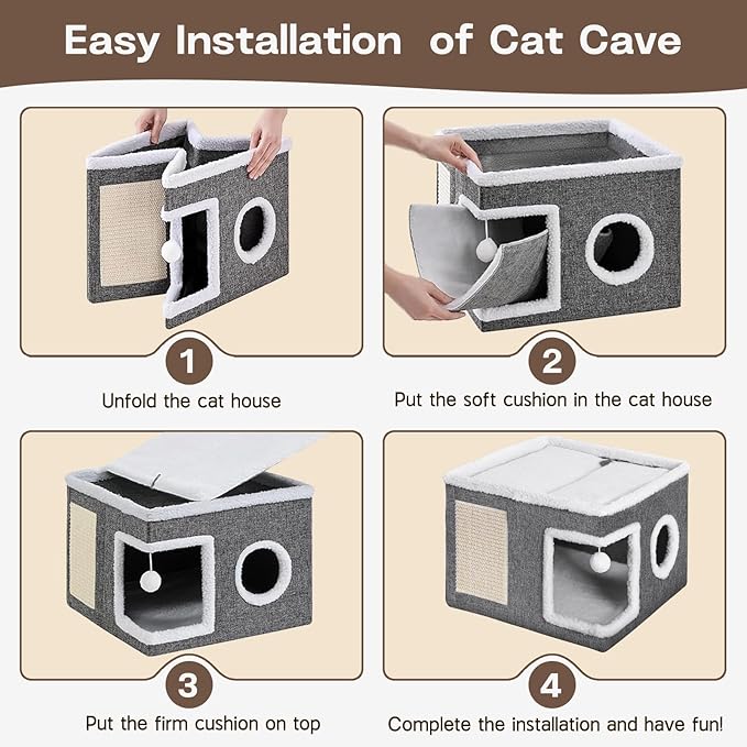 Cat Houses for Indoor Cats - Large Cat Bed Cave with Fluffy Ball and Scratch Pad, Foldable Cat Condo Hideaway for Multi Small Kitten & Pet, Grey