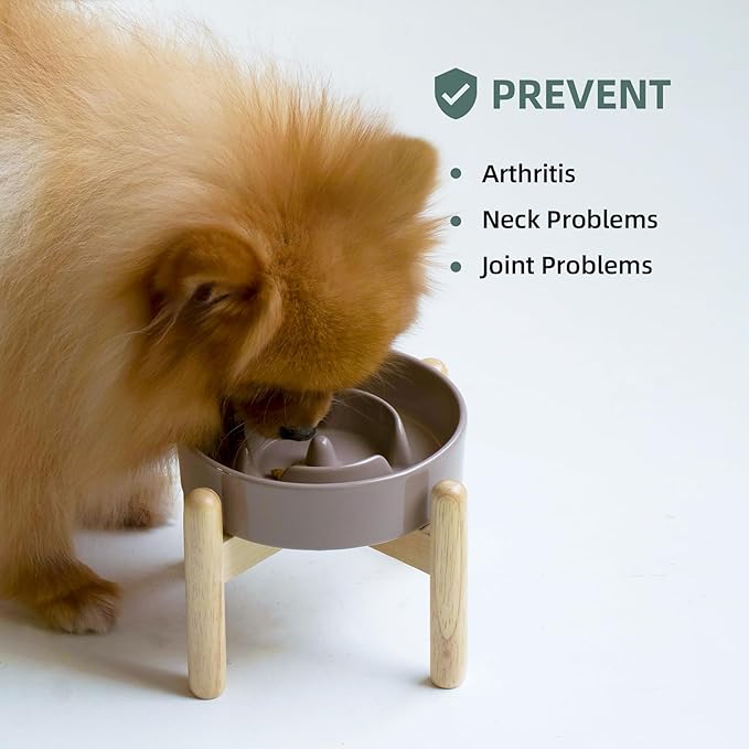 Ceramic 0.9 Cup Raised Dog Slow Feeder Set, Elevated Bowl with Wooden Stand for Small Dog and Cat, 6.1inch Puzzle Slow Dog Food Dish, Preventing Choking(Brown Coffee, Single Bowl+ Stand)