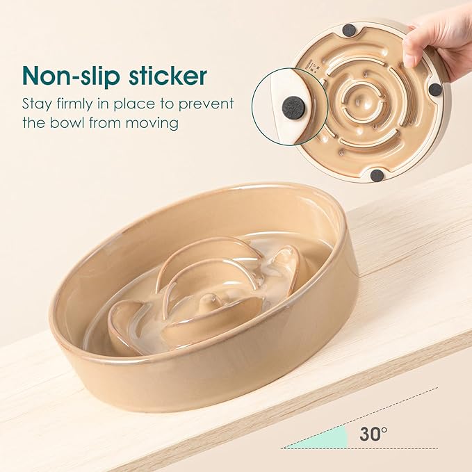 vancasso Slow Feeder Dog Bowl, 0.6 Cups Ceramic Dog Food Dish for Fast Eaters Small Breed, Puzzle Bowl for Small Dogs and Cats, Khaki