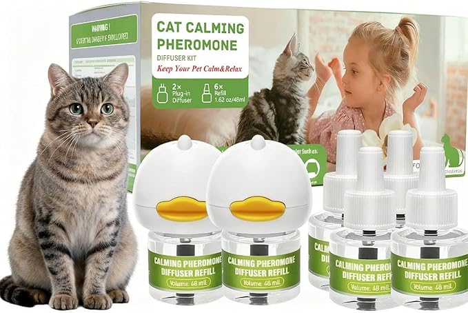 Cat Calming Pheromone Diffuser Kit with 2 Plug-ins & 6 Refills, Long-Lasting Stress & Anxiety Relief for Multi-Cat Homes, Reduces Fighting, Scratching Destructive Behavior