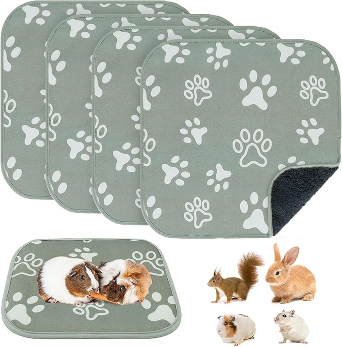 BEAUTYZOO 4 Pack Guinea Pig Cage Liners, Washable Reversible Fleece Guinea Pig Bedding, Waterproof Super Absorbent Pee Pads for Small Animals Rabbit Hamster Bunny - 12"x12" Grey