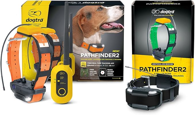 Dogtra Pathfinder 2 GPS Tracker e Collar + Add-on Receiver Black | 9 Mile, LED Light, No Monthly Fees, Free App, Waterproof, Smartwatch Control, Satellite Tracking, Multiple Dogs, Smartphone Required