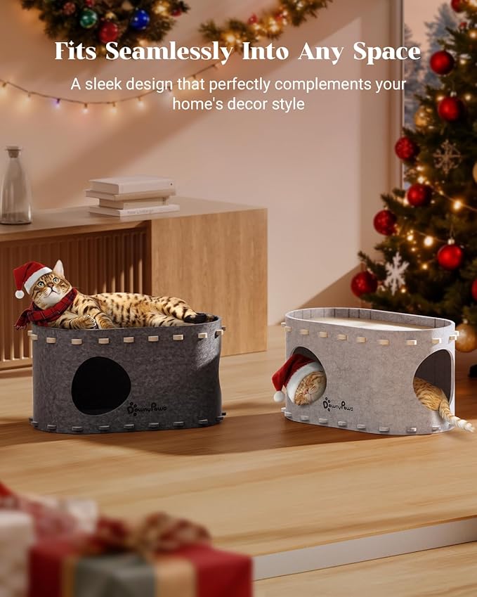 DownyPaws Cat House for Indoor Cats, Cat Bed Cave for Multiple & Large Cats Up to 22 Lbs, Scratch Resistant Peekaboo Cat Caves, Foldable Tunnel Enclosed Bed, PeekaPurr, Sesame Gray