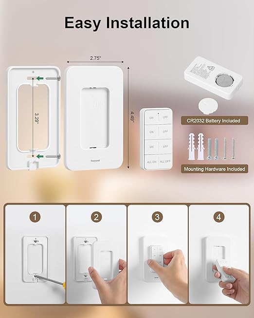 Remote Control Outlet Wireless Wall Mounted Light Switch, 3 Independent Control Outlets, 200FT RF Range, Mini Outlet Plug, 15A/1875W High-Power for Lamps, Lights, Household Appliances, ETL Listed